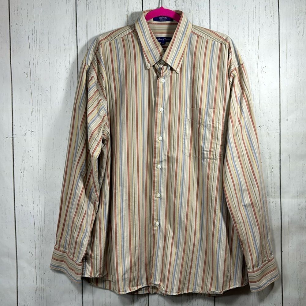 Alan Flusser Mens Striped Long Sleeve Cotton Button Down Tan Multi Casual Shirt
